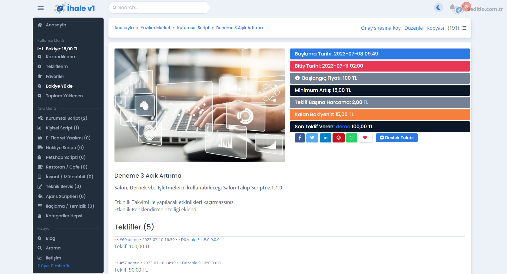 Müzayede Scripti Mezat Scripti Otomatik Teklif Verme Özelliği Dahil